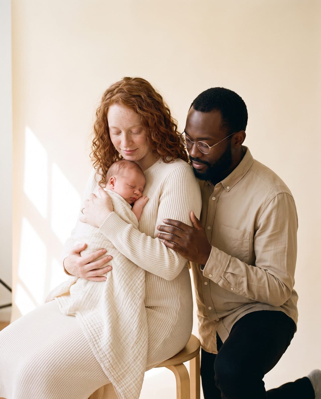 Les mêmes parents avec leur nouveau-née endormie contre sa mère