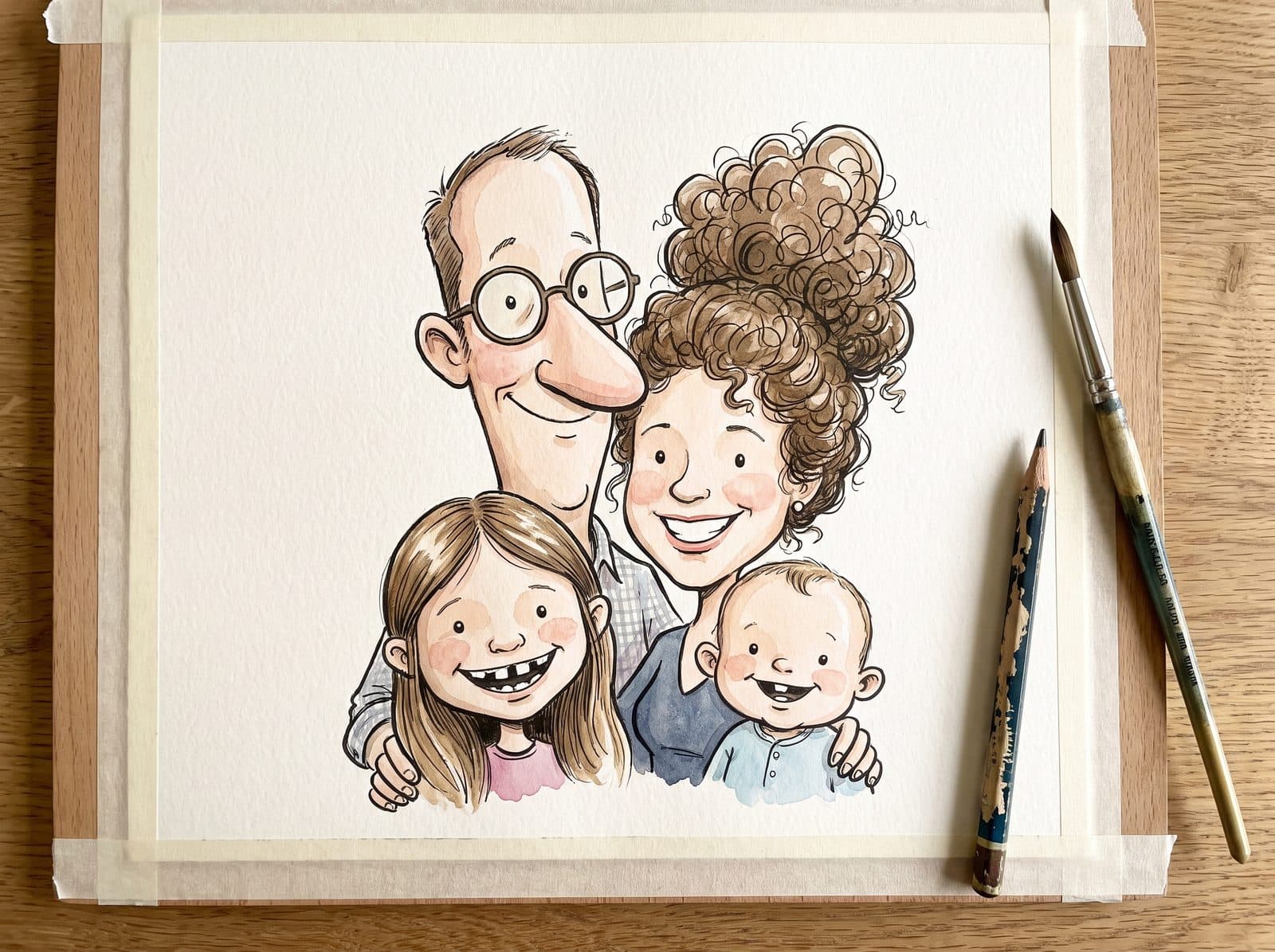 Caricature dessinée d’une famille, pinceaux posés à côté